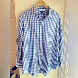 Lands End 100% Cotton Tailored Fit Long Sleeve Button Down Shirt Gingham Blue